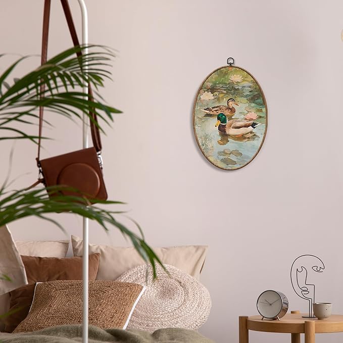 Yorhifa Vintage Mallard Duck Framed Wall Art, Cottagecore Lotus Pond Duck Landscape Oval Wall Art, Rustic Farmhouse Animal Oval Walls Decor, Country Waterfowl Canvas Artwork Hanging Decor, 8.5x11.5in