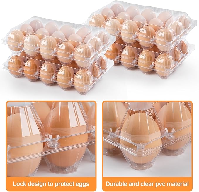 40 Pack Plastic Egg Cartons Cheap Bulk, 1 Dozen Clear Empty Egg Cartons for Chicken Eggs 3x5 Grids, Reusable Egg Carton for Family, Chicken Farm, Markets Display