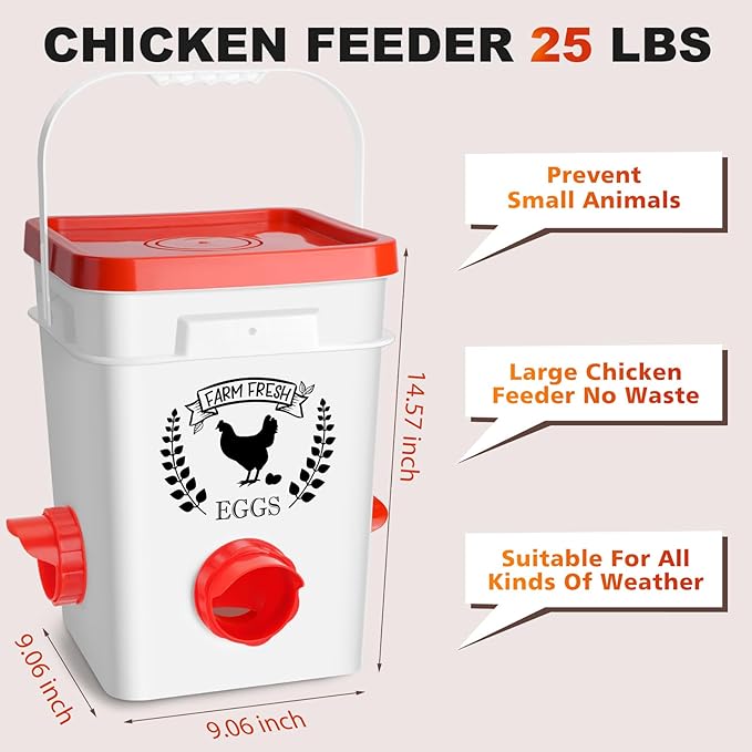 Tgeyd 5Gal/25Lb Large Chicken Feeder and Waterer Set (Rain Proof/No Waste), with S-Hooks for Easy Hanging
