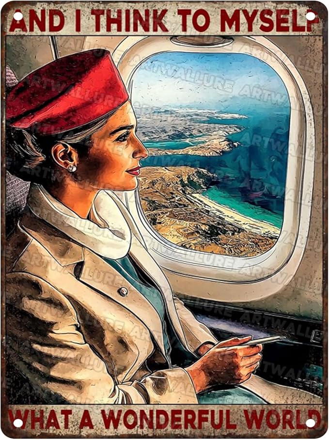 Travel Enthusiast Tin Plaque Rustic Wall Art Vintage Airplane Decor What A Wonderful World 12x16inch