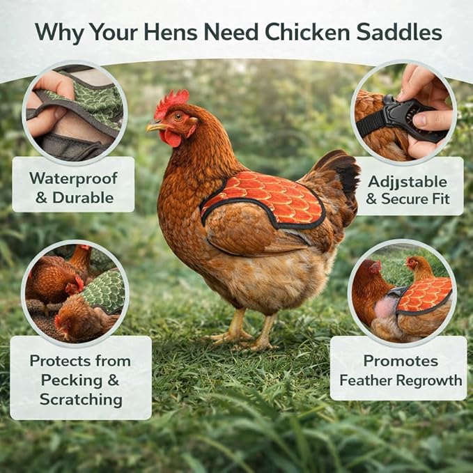 Chicken Saddle for Hens, 4 Pack Hen Apron Back Protector with Adjustable Straps – Chicken Mating Saddle Helps Stop Rooster Scratches, Feather Picking & Bald Backs