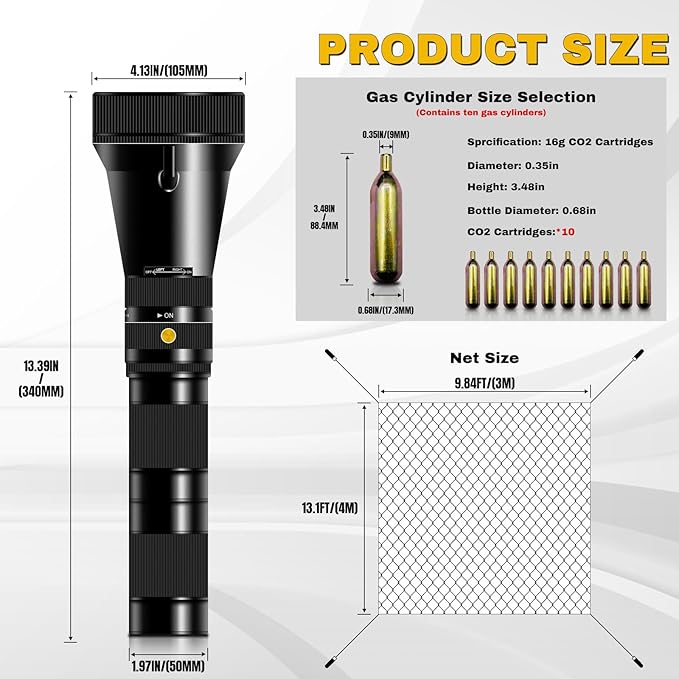Net Gun Air-Powered with 4 Pre-Loaded Nets, Metal Carrying Case, Compatible with 10 * 16g CO2 Cartridges – Versatile Capture Tool for Wildlife and Security Use
