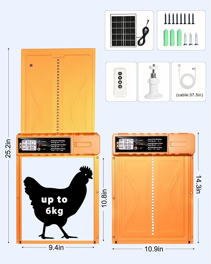 Automatic Chicken Coop Door Solar Powered, Size 14.2″ x 10.8″, Orange Aluminum Alloy Chicken Coop Door Design with USB-C Charging & 3 Modes, Auto Chicken Door with Remote Control, Anti-Pinch