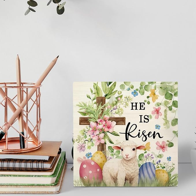 He Is Risen Easter Christian Lamb Wooden Box Sign Desk Decor, Spring Floral Cross Easter Sheep Egg Wood Signs for Bedroom Home Office Desk Table Shelf Decorations, 5x5 Inch