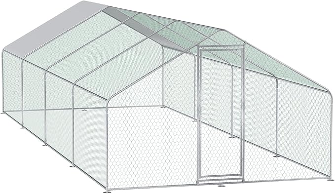 Large Metal Chicken Coop (26' L x 9.8 W x 6.5' H) Walk-in Chicken Run Cages with Waterproof and Anti-Ultraviolet Cover for Outside Spire Top