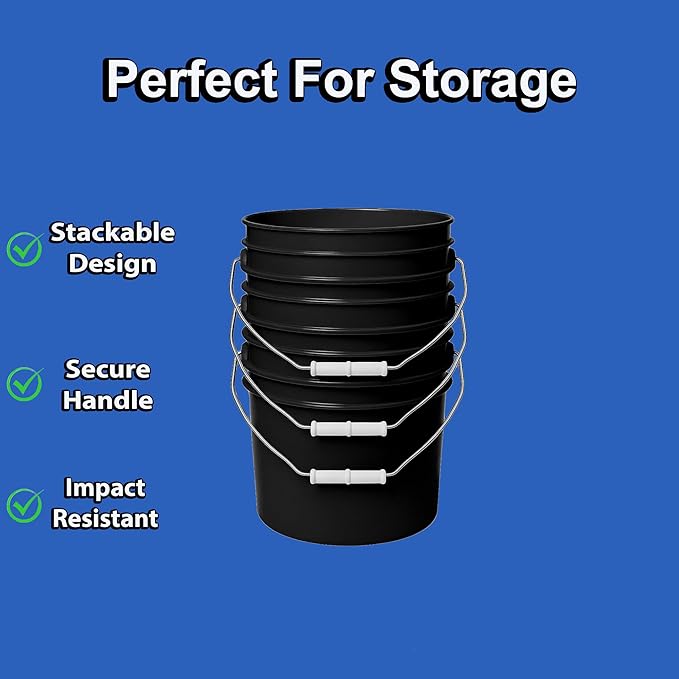 2-Gallon Bucket with Airtight Lid – Made in USA, Food Grade BPA Free Plastic, Heavy Duty Multi-Use, Metal Handle with Grip, Stackable Storage – Black, 4 Pack