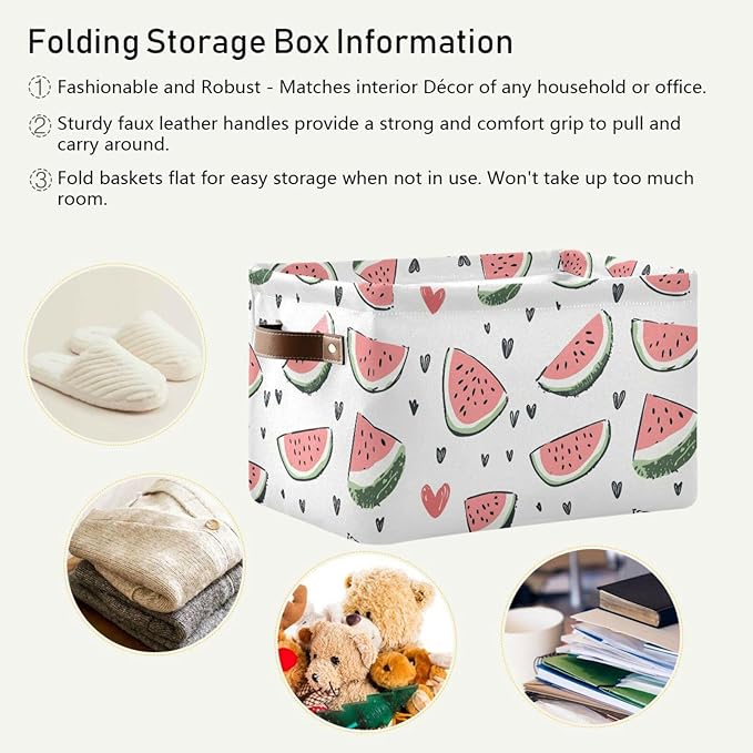 JIPONI Watercolor Watermelon Fabric Storage Bins for Shelves, Decorative Storage baskets for organizing, Closet Organizer with Handle for Cloth, Toys, Bedrooms
