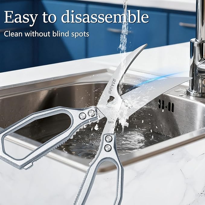 Huusk Silver Multi-Purpose Seafood Scissors - Easy to Take Apart for Thorough Cleaning -Sharp Kitchen Shears with Oversized Handles for Less Strain - for Crab, Shrimp, Christmas Gift for Men and Women