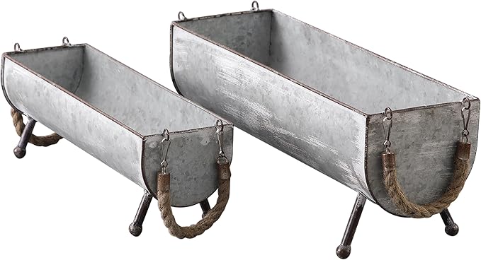 SOFE Poultry Feeder Galvanized Metal Chicken Feeder Set of 2, Farmhouse Chicken Picnic Table Feeder, Chicken Planter, Decorative Galvanized Tray Trough Shaped, 15 and 13 Inches Long