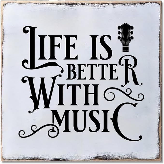 Distressed Look Wood Sign Life is Better with Music Rustic Farmhouse Wooden Sign with Quote Retro Wooden Art Plaque Vintage Wall Hanging Wall Decor for Porch Room House Home Decor Gift for Music Lover