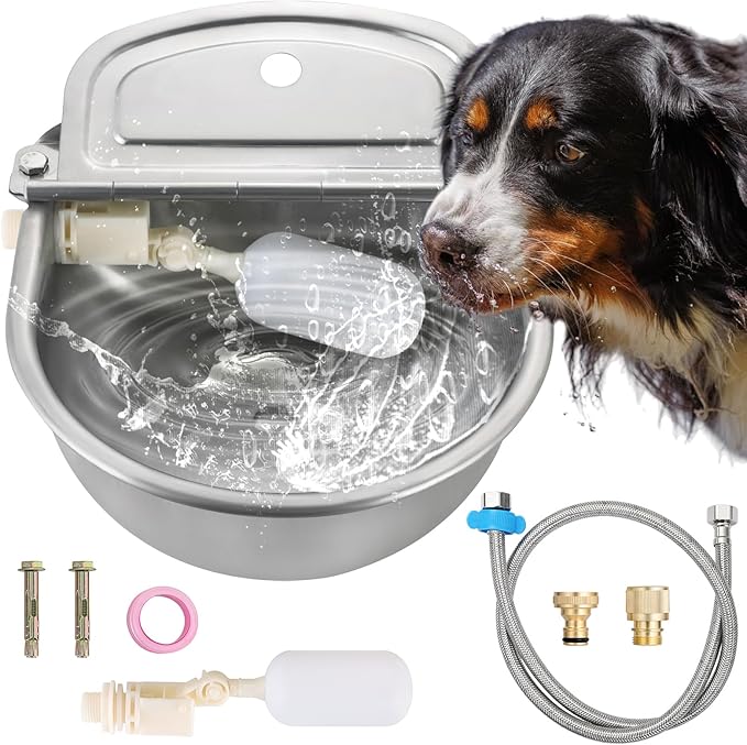 Automatic Animal Drinking Water Bowl, 304 Stainless Steel Waterer with Float Valves, 39" Pipe Hose (1/2" Ends), 1/2" to 3/4" Adapter, Livestock Water Trough Dispenser for Dog Horse Goat Pig Cow