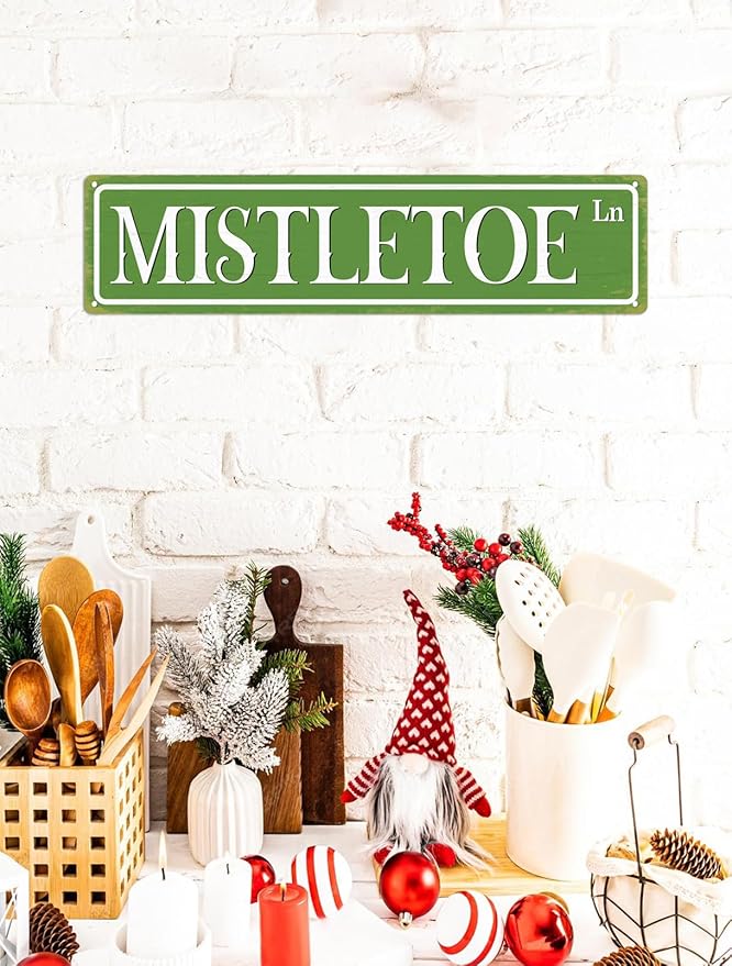 Mistletoe Lane Christmas Metal Sign Vintage Print Art Poster Tin Plaque for Home Farmhouse Kitchen Patio Yard Cafe Bar Front Door Wall Decor 4x16 Inch