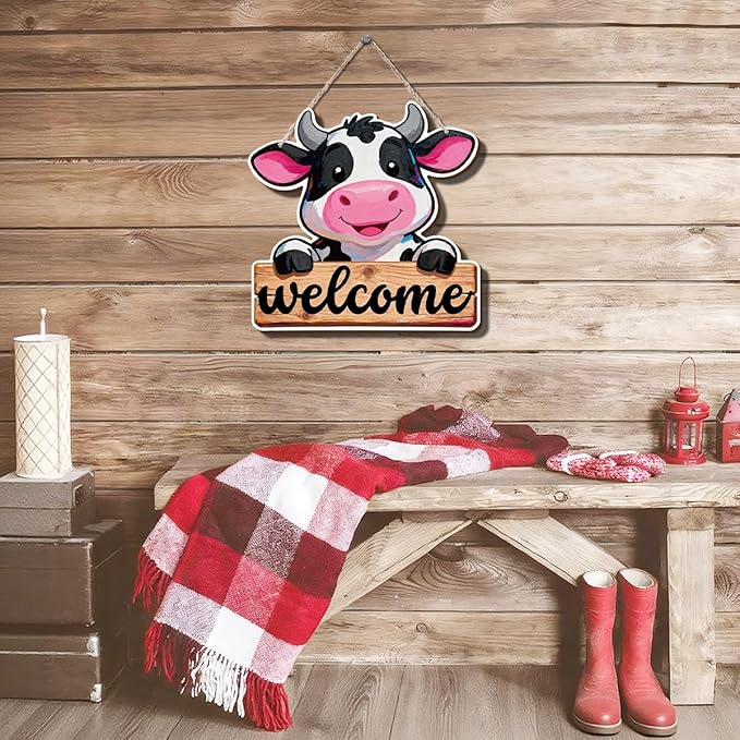 Farmhouse Wall Decor, Cute Cow Welcome Sign, Cartoon Oil Painting Style Wood Hanging Plaque, Rustic Country Wall Art for Kids Room Nursery Kitchen or Barnwood Entryway, 9.9x9.8 Inches