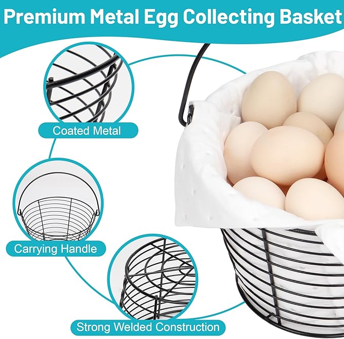 Egg Basket for Collecting & Carrying Chicken Eggs, 2 PCS 8" Wire Egg Basket with Soft Mats, Egg Collecting Baskets, Storagre & Transporting, Black