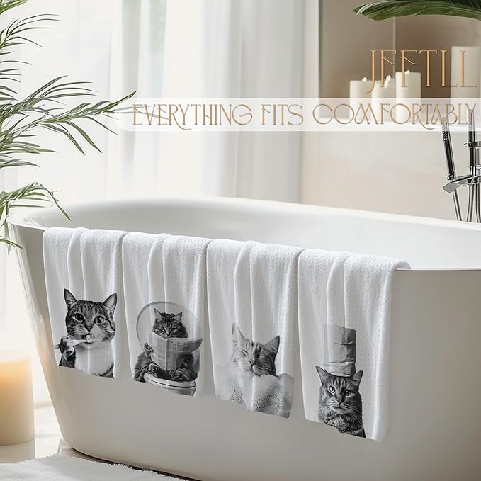 Cat Bathroom Decor Hand Towels, Cat Gifts for Women, Pet Lovers Gifts, Black and White Cute Kitten Hand Towels for Bathroom Washroom Restroom Decor, 16x24 Inch, Set of 4