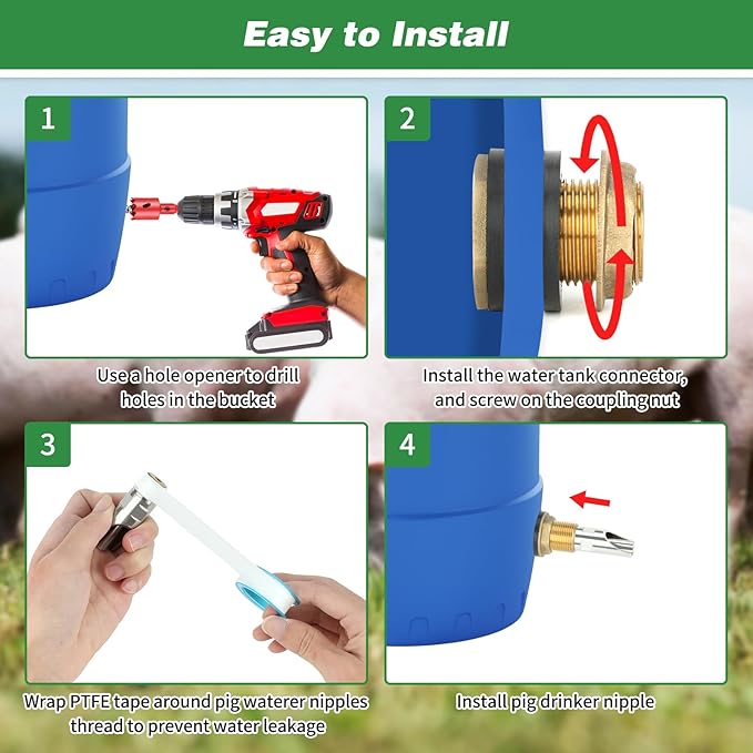 4 Pcs Pig Waterer Nipples for Barrel Kit, Stainless Steel Hog Waterer Nipples Automatic Pig Nipple Water Drinker Feeder Water System with Brass Tank Connector Kit for Piglets Goat