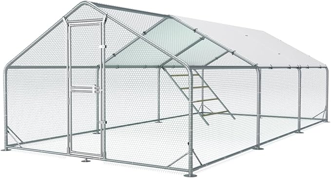 Large Metal Chicken Coop, 10x20x6.5FT Chicken Runs for Yard with Cover and Roosting Perch, Split Doors Walk in Chicken Coop