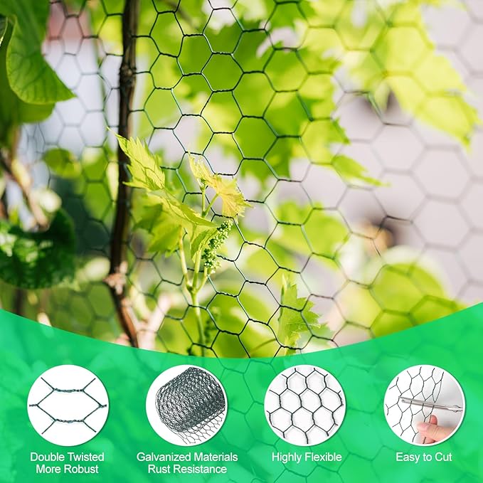 Chicken Wire, 15.7 x 90.5 Inches, Green, Hexagonal Mesh, Galvanized Metal Poultry Wire Netting for Crafts, Poultry, Garden
