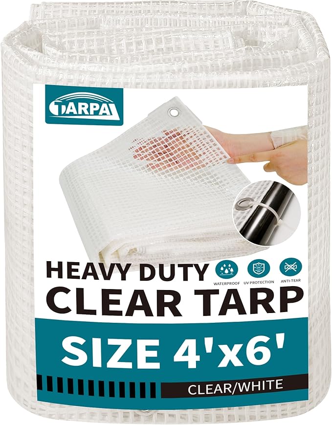 TARPAL 4'x6' Clear White Tarp Heavy Duty Waterproof 12mil with Grommets or Zip Ties for Small Greenhouse for Outdoors Garden,Farm,Chicken Coops
