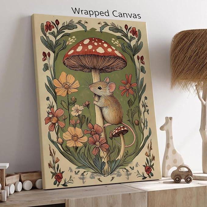 Nursery Animal Canvas Wall Art, Mouse and Toadstool Poster, Rustic Mushroom Mouse Painting, Cozy Folk Art Prints, Countryside Botanical Floral Painting for Kids Room 16x24in Framed