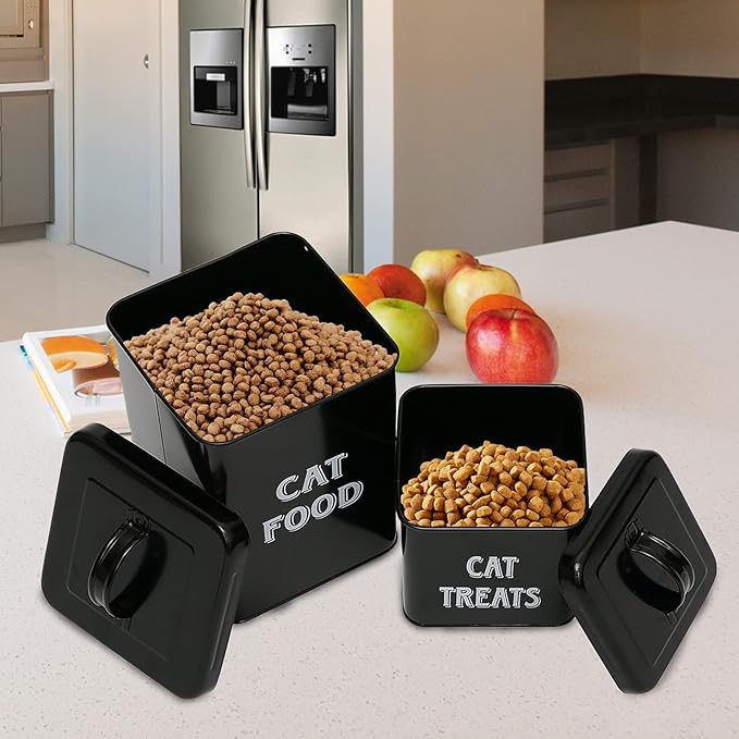 Morezi Cat Food Storage Container Farmhouse Pet Food Treats holder with Lid and Scoop, Perfect Sturdy Canister Tins for Kitchen Countertop, Shelf, Great Gift for Pet Owners - Cat Food - Black