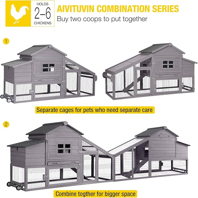 Aivituvin Mobile Chicken Coop with Wheels for 2-4 Chickens, Backyard Expandable Chicken House Duck Cage with Run, 2 Nesting Boxes, Easy Clean Pull-Out Tray, Leak-Resistant Asphalt Roof, 72.3"(Grey)