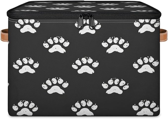 Storage Cubes with Lid Fabric Storage Bins Boxes PU Leather Handles, Paw Print Closet Organizer Container Foldable Washable Shelf Cloth Basket, Cute Dog Cat Paw
