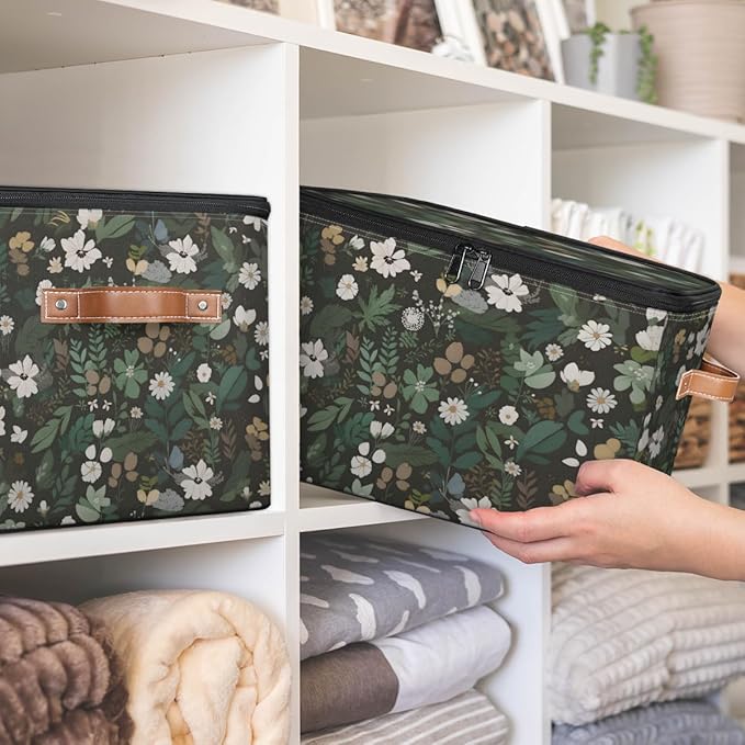 Boho Wildflowers Storage Bins with Lids, Sage Green Leaves Fabric Storage Boxes with Zipper, Collapsible Decorative Closet Organizer Cube for Clothes, Organizing, Shelves
