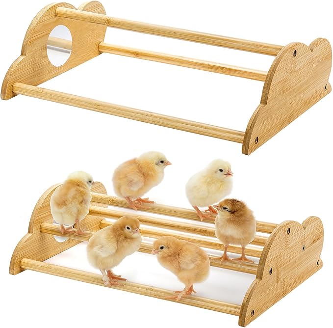 Frcctre 2 Pack Bamboo Chicken Perch, Freestanding Roosting Bar Set Baby Chick Stand Training Perch Chicken Jungle Gym with Built-in Mirrors for Brooder, Coop, Hens