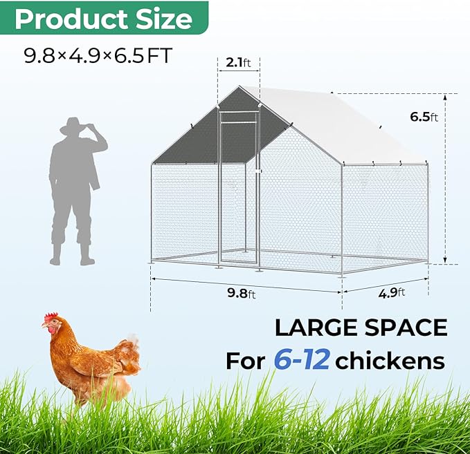 Large Chicken Coop Metal Walk-in Run 9.8' x 4.9' x 6.5', Heavy Duty Galvanized Steel Cage with Waterproof Cover, Secure Lock, Outdoor Pen Enclosure for Hens, Ducks, Rabbits