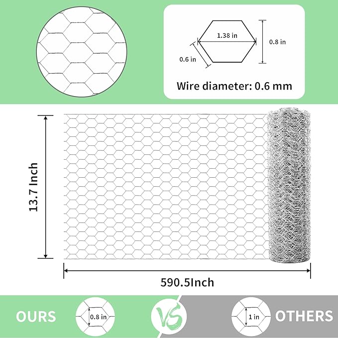 Chicken Wire 13.7 in x 590.5 in Poultry Wire Netting Hexagonal Galvanized Mesh Garden Fence Barrier for Pet Rabbit Chicken Fencing with 100 Pcs Cable Zip Ties