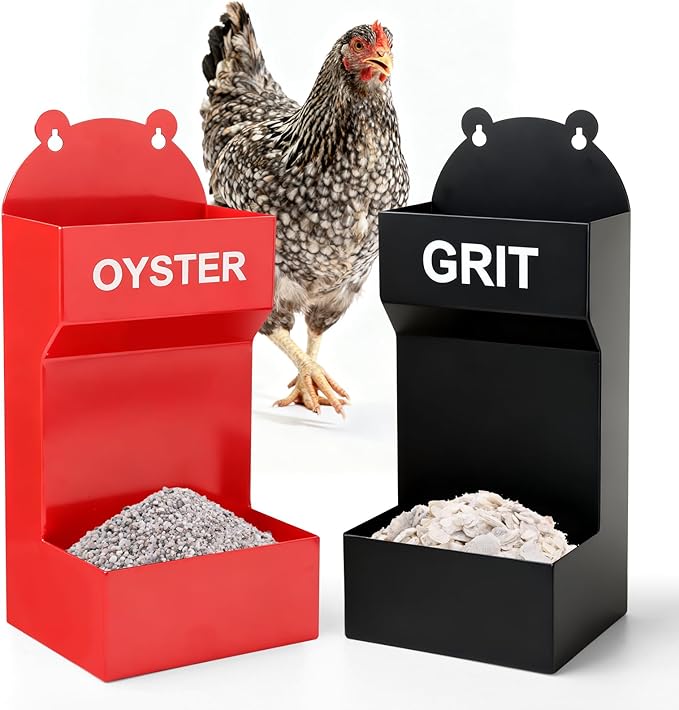 2 Pack Chicken Oyster Shell Feeder and Grit Feeder, Metal Hanging Chicken Feeder and Chicken Coop Accessories Improve Eggshell Quality and Hen Health
