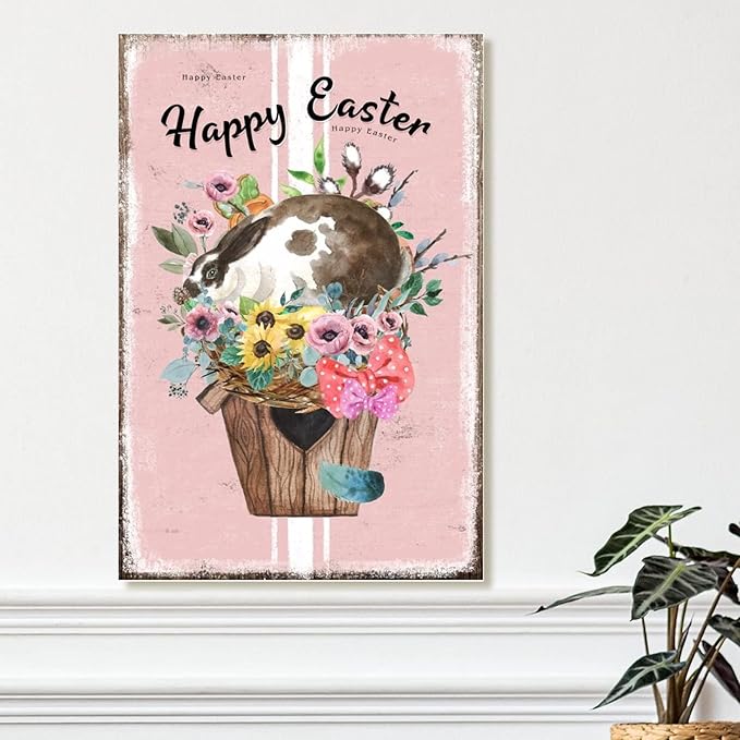 Happy Easter Flower Basket Bunny Sign Wall Decor French Style Floral Pink Stripes Sign Plaque Bunny Rabbit Happy Easter Wood Wall Decor Signs for Living Room Front Porch 12x18in
