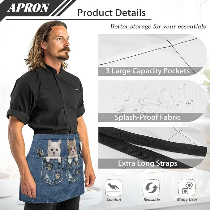 Waist Apron with 3 Pockets Waterproof 13 Inch Short Half Waist Aprons Women Men Server Aprons Waitress Waiter Apron