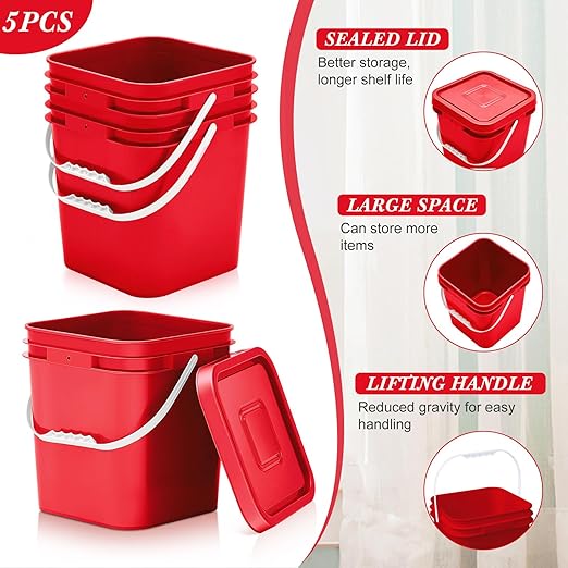 Mumufy 5 Pcs 3.5 Gallon Square Food Grade Bucket with Lid Square Bucket Pail Plastic Handles for Long Term Food Storage, Camping, Fishing, Home Organization Easy Stack and Store (Red)