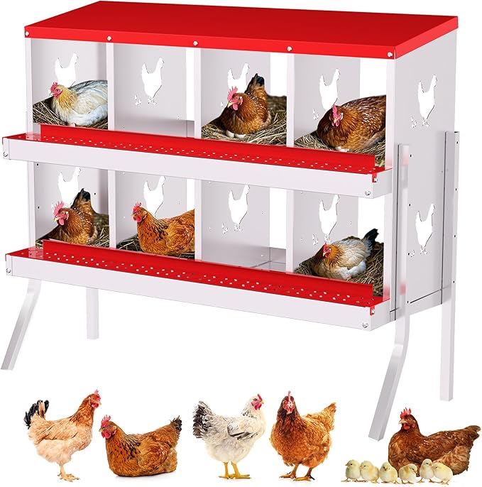 GarveeLife Nesting Boxes for Chickens, 8 Compartment Chicken Nesting Box with Metal Legs, Metal Chicken Laying Boxes with Perch, Secure Lid, Versatile Wall Mount or Free Standing for Hens, Red