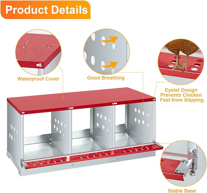 Metal Chicken Nesting Boxes - 3 Hole Wall-Mountable Laying Boxes with Roll-Away Egg Collection, Weatherproof Galvanized Steel, for Chicken Coop, Red