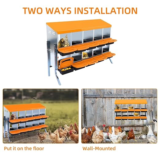 Chicken Nesting Boxes, 10 Hole Metal Chicken Laying Box with with Removable Trays and Roll Out Egg Collection for Chicken Coop, with Metal Bracket, Orange