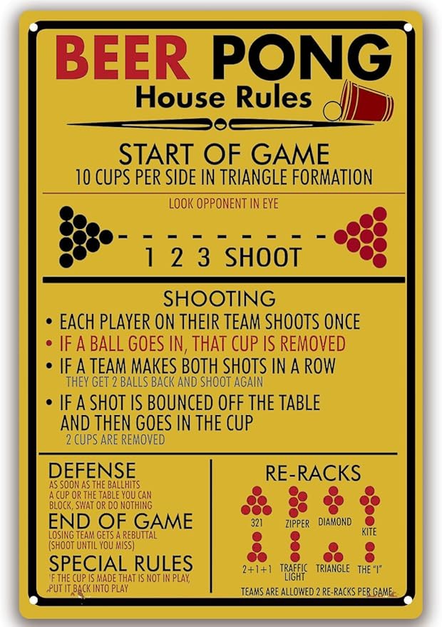 Beer Pong House Rules Tin Sign Vintage Metal Tin Sign Beer Pong Room Decor Game Rule Posters 8x12 Inch
