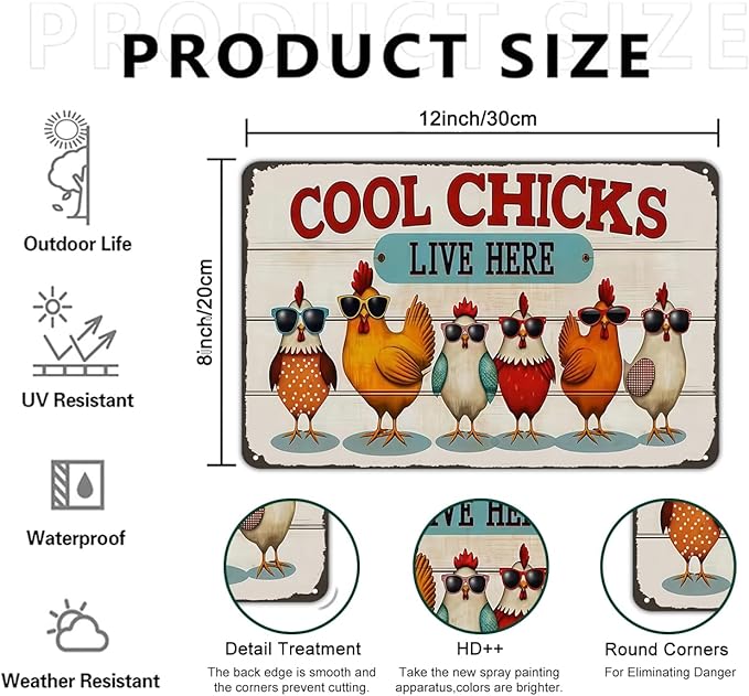 Funnysign Chicken Decor Cool Chicks Live Here Vintage Tin Sign for Chicken Coop Farm Kitchen Garden Yard Decor 8x12 INCH(3832)