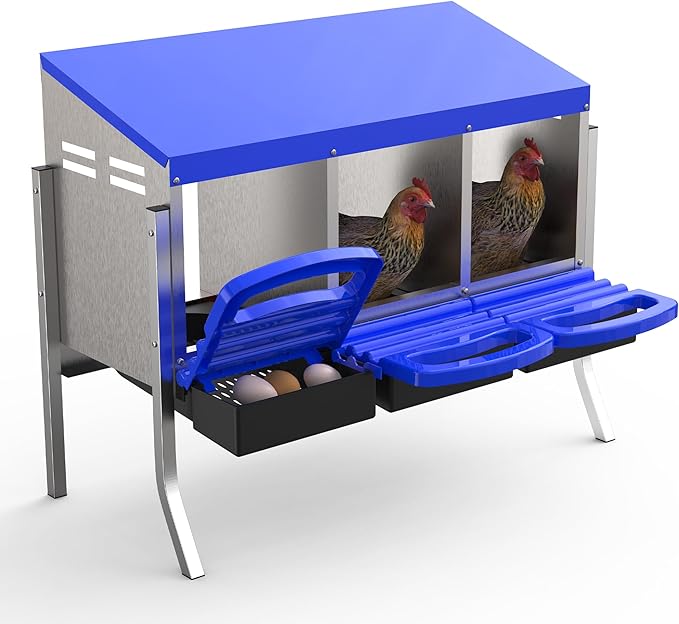 Chicken Nesting Boxes, 3 Hole Metal Rollaway Nest Box for Laying Hens with Cleanable Pull-Out Trays Wall Mount or Placed Design for Easy Egg Collection & Cleaning(Includes Legs)
