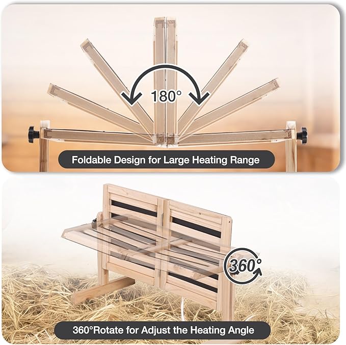 Chicken Coop Heater with Temperature Control, 200W Chick Heater with Adjustable Temp (70-190℉) for Winter, 2 Heating Plates, Foldable Large Size Coop Heater (Natural Wood)