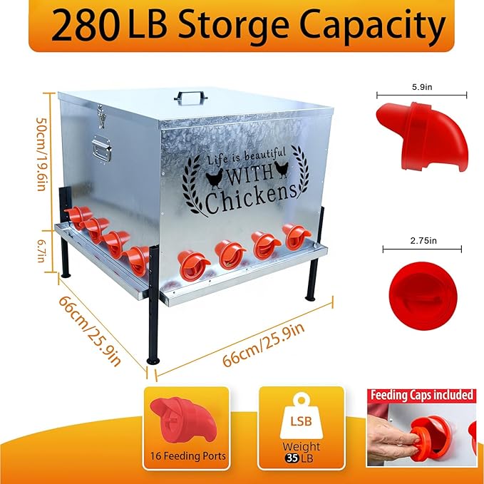 Upgraded 280 LB Automatic Large Capacity Chicken Feeder with Sturdy Adjustable Support Rod 16 Feeding Ports - Anti Waste Design Durable Poultry Feeder for Backyard Farms, Chicken Coops
