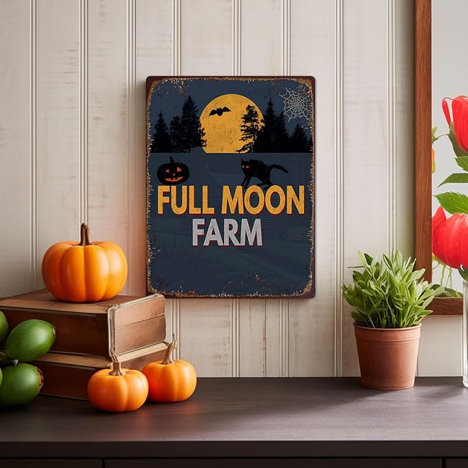 Rustic Farm Full Moon Metal Sign Vintage Style Halloween Wall Decor for Farmhouse Gift 12x8 Inches