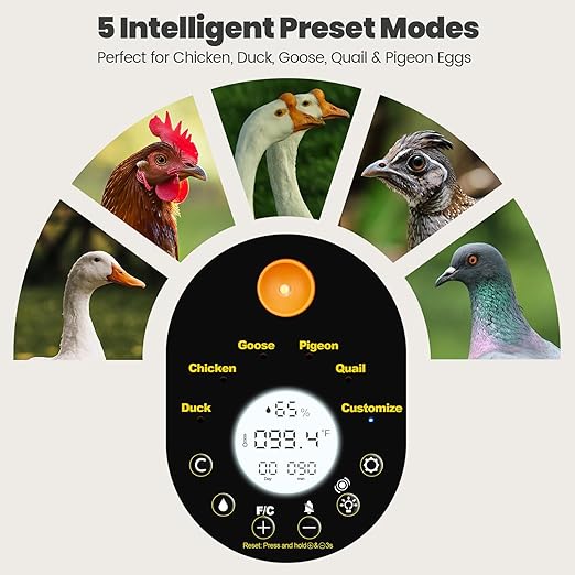 Incubators for Hatching Eggs -15-Egg Automatic Egg Chick Incubator with 5 Smart Preset Modes and Egg Turning, Digital Control Incubator for Chicken Duck Quail