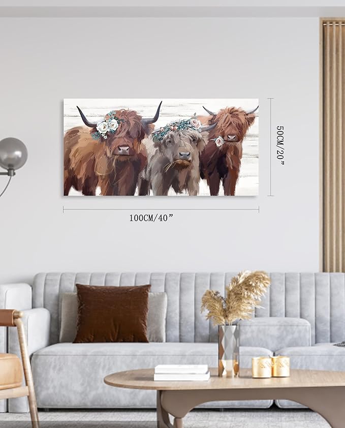 Highland Cow Canvas Wall Art: Cow Floral Picture Farmhouse Kitchen Decor Funny Animal Long Haired Scottish Cow Paintings Framed Rustic Country Wall Decor for Living Room Bedroom 20" x 40"