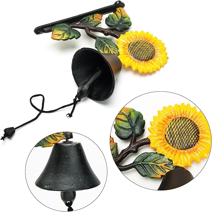 Sungmor Heavy Duty Cast Iron Sunflower Hand Bell - Hand-Painted Wall Decor for Indoor/Outdoor Use