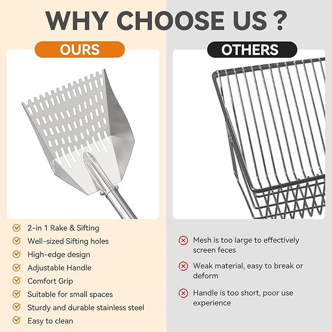 Chicken Poop Scooper: 2-in-1 Rake & Sifter - Silver Chicken Poop Shovel for Sand with Adjustable Stainless Steel Handle (35-59") for Small Spaces