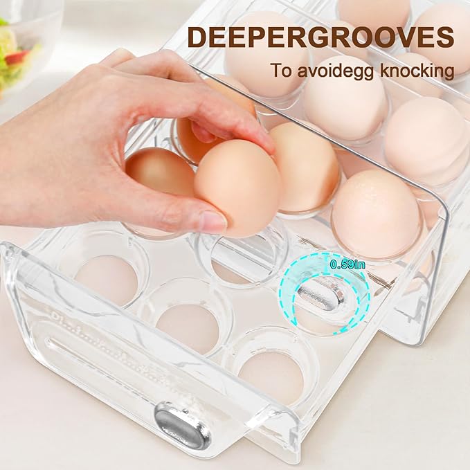 Egg Holder for Fridge 24, 2 Layers Stackable Clear Eggs Organizer, Egg Container for Refrigerator with Eggs 24 Count, Space-Saving Refrigerator Organizers and Storage in Home, Kitchen