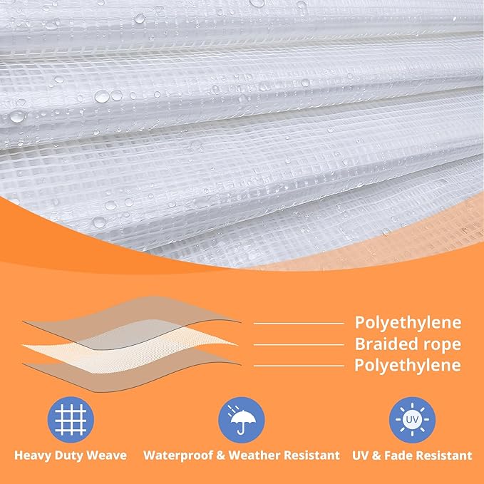 16Mil Clear Greenhouse Tarp, Heavy Duty Clear Tarp with Grommets 10x10FT, Reinforced Poly Transparent Greenhouse Plastic Cover Waterproof UV Resistant for Gardening, Farming, Canopy, Chicken Coop